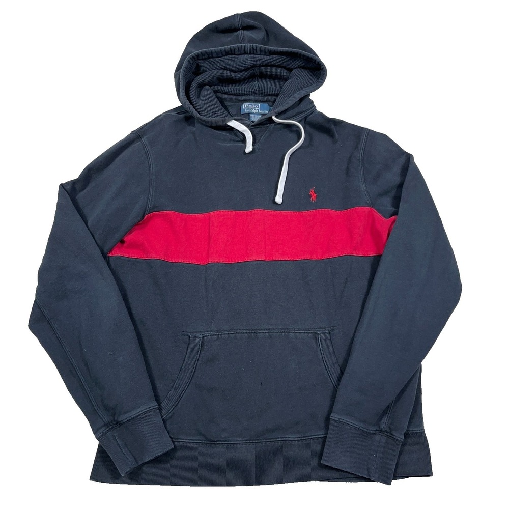 Vintage Polo Ralph Lauren Hoodie Men Large Black Red Sweatshirt Colorblock Faded